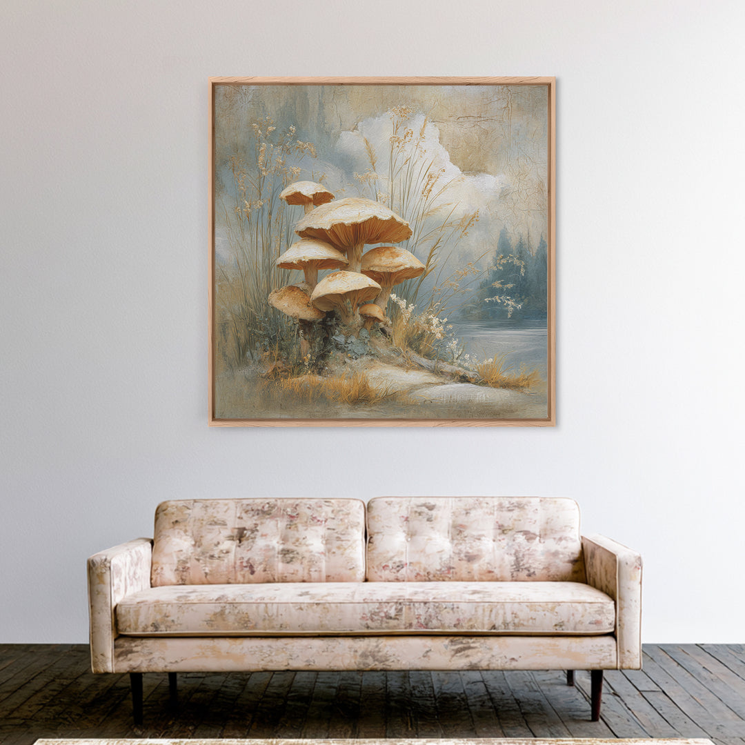 Mushroom Cluster in Enchanted Woodland Framed Canvas Print, Nature Art, Fine Art Print, Living Room Decor, Oil Painting, Nature, NAT-1x1-79