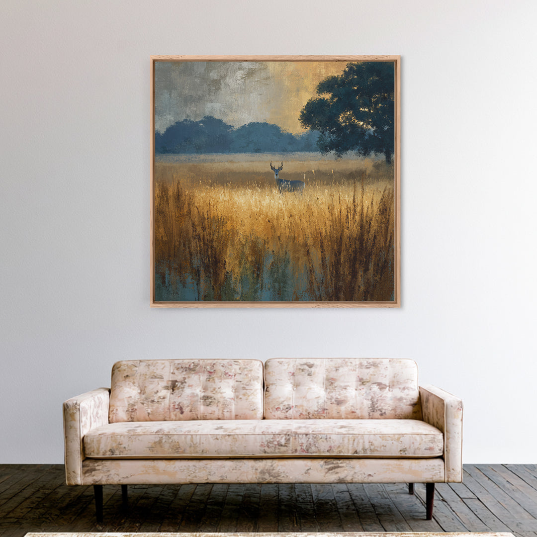 Deer Standing in a Golden Field Framed Canvas Print, Nature Art, Wall Hangings, Living Room Decor, Nature, Stained Glass Art, NAT-1x1-8