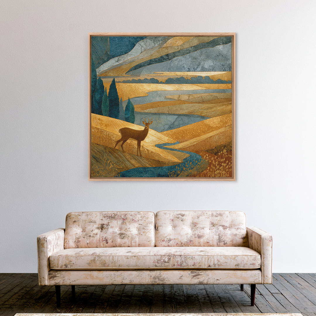 Deer Standing in a Golden Field Framed Canvas Print, Nature Art, Modern Decor, Living Room Decor, Fine Art, Nature, Home Decor, NAT-1x1-80