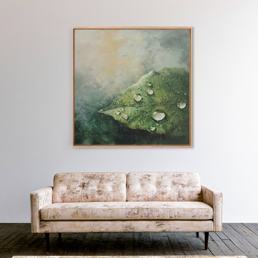 Rain Drops on a Large Green Leaf Canvas Print, Nature Art, Textured Painting, Living Room Decor, Oil Painting, Nature, NAT-1x1-81