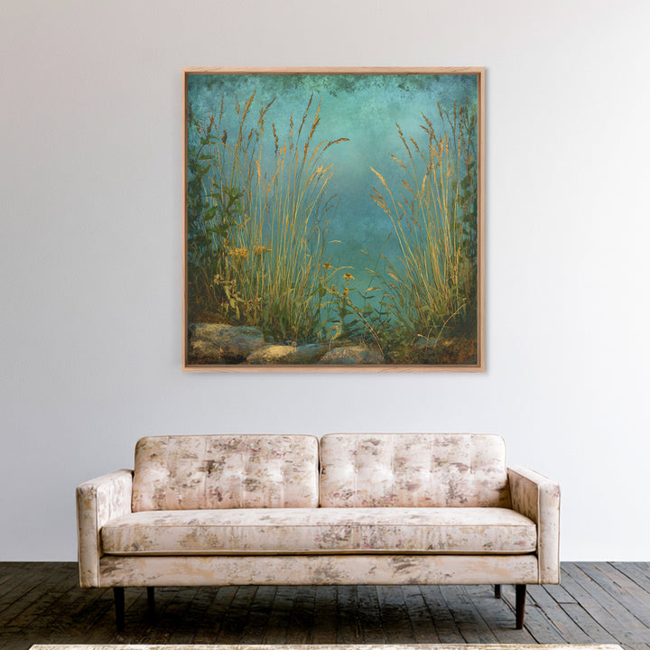 Sunrise Through Tall Grass and Wildflowers Framed Canvas Print, Nature Art, Statement Artwork, Living Room Decor, Oil Painting, NAT-1x1-83