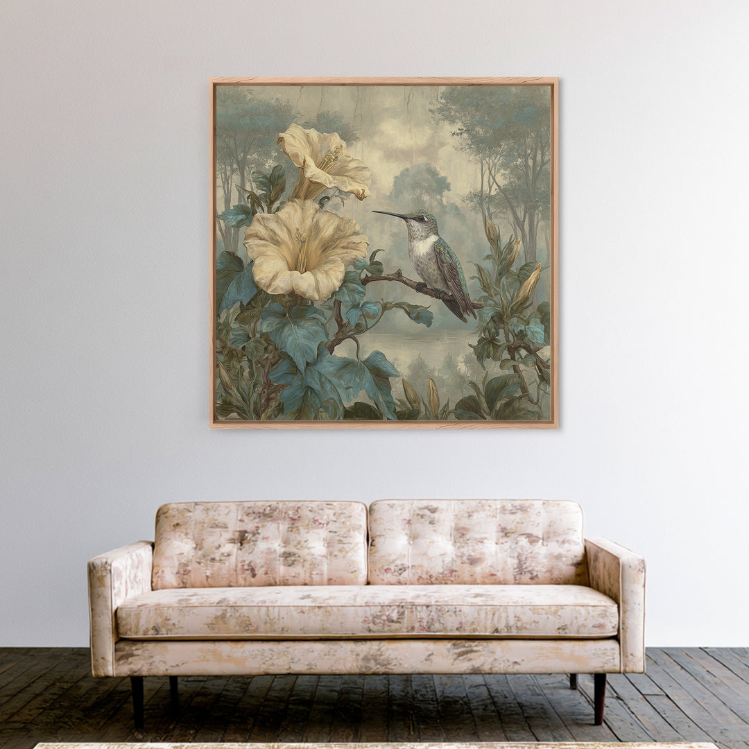 Hummingbird Beside Bright Trumpet Flowers Framed Canvas Print, Nature Art, Ocean Art, Living Room Decor, Fine Art, Nature, NAT-1x1-84