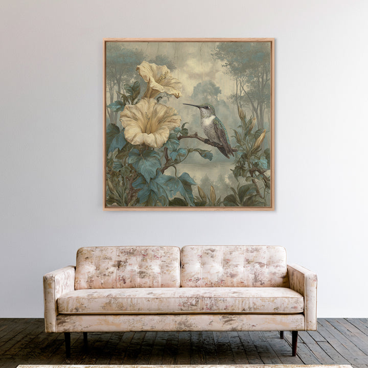 Hummingbird Beside Bright Trumpet Flowers Framed Canvas Print, Nature Art, Ocean Art, Living Room Decor, Fine Art, Nature, NAT-1x1-84
