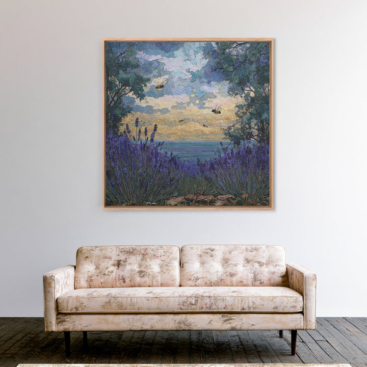 Bees Circling Lavender Blossoms Canvas Print, Nature Art, Neutral Decor, Living Room Decor, Fine Art, Nature, Wall Art, NAT-1x1-95