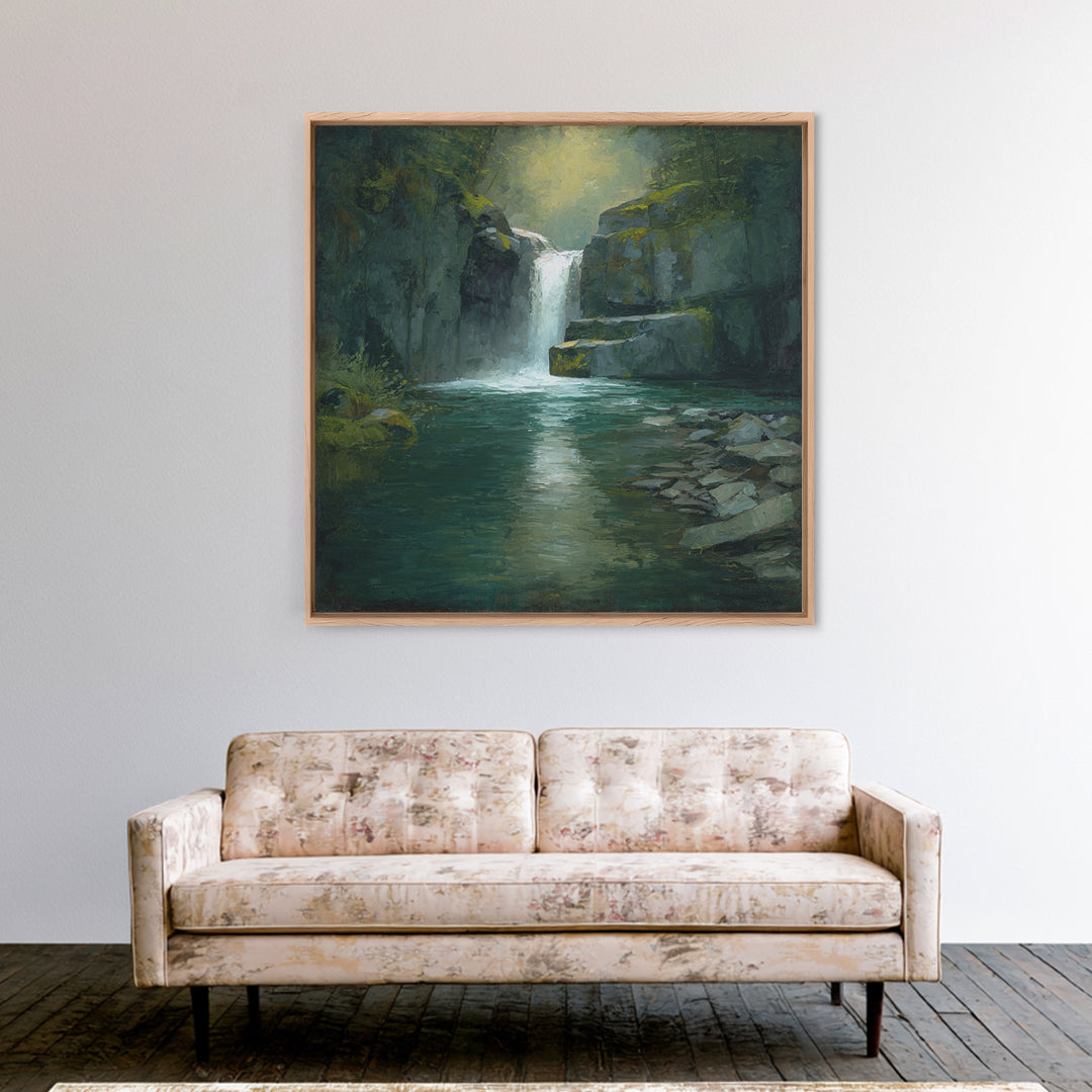 Waterfall Hidden Among Dark Green Rocks Canvas Print, Nature Art, Wall Art, Living Room Decor, Fine Art, Nature, Wood Wall Art, NAT-1x1-99