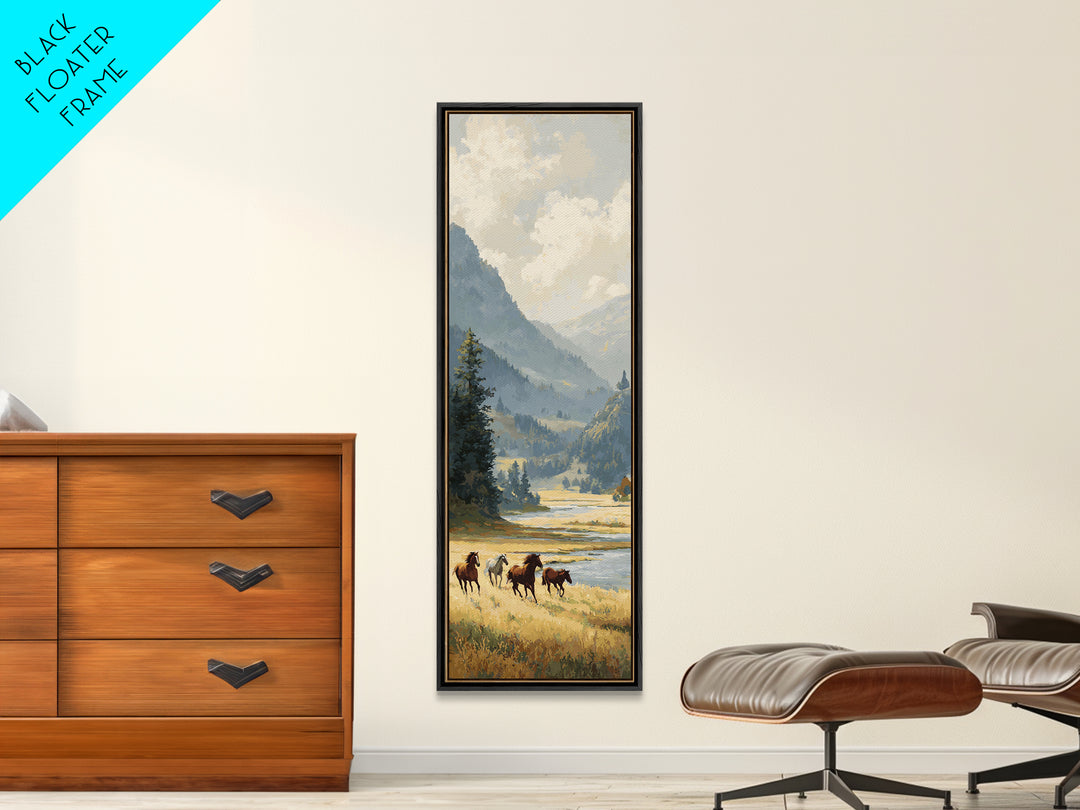 Wild Horses Running Near Mountain Ridge Canvas Print, Nature Art, Living Room Wall Art, Living Room Decor, Fine Art, Nature, NAT-1x3-10