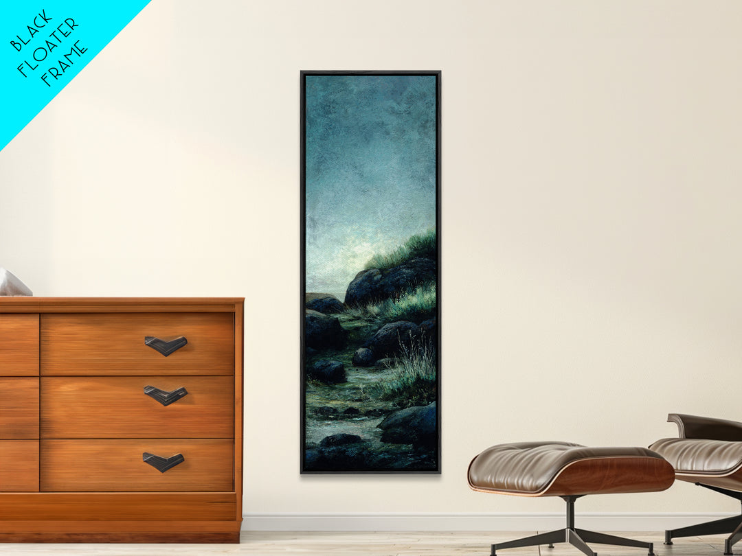 Waterfall Hidden Among Dark Green Rocks Framed Canvas Print, Nature Art, Home Decor, Living Room Decor, Abstract Art, Nature, NAT-1x3-15
