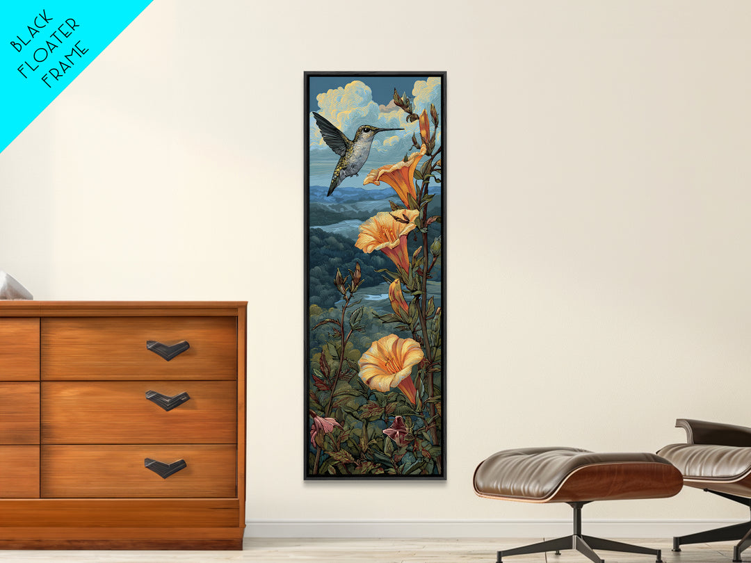 Hummingbird Beside Bright Trumpet Flowers Framed Canvas Print, Nature Art, Art Print, Living Room Decor, Oil Painting, Nature, NAT-1x3-24
