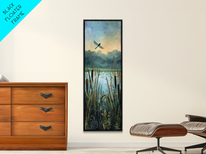Dragonfly over a Pond with Reeds Framed Canvas Print, Nature Art, Botanical Art, Living Room Decor, Oil Painting, Nature, NAT-1x3-30