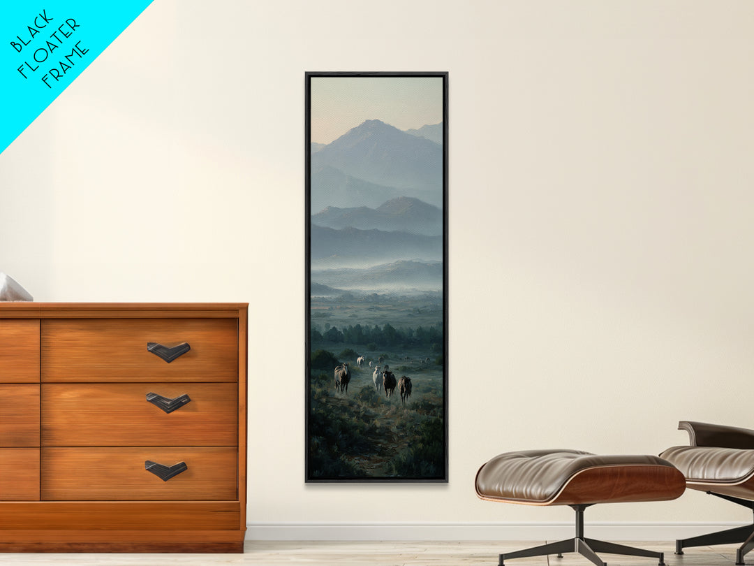 Wild Horses Running Near Mountain Ridge Framed Canvas Print, Nature Art, Digital Download Art, Living Room Decor, NAT-1x3-34