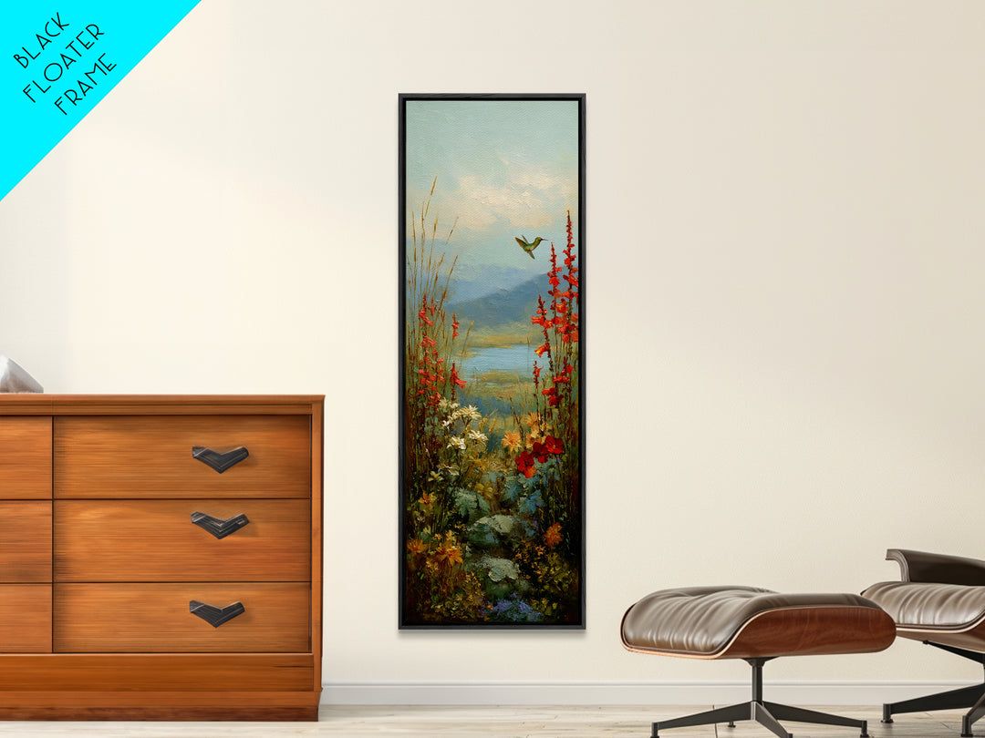 Hummingbird Beside Bright Trumpet Flowers Canvas Print, Nature Art, Wall Art, Living Room Decor, Watercolor Art, Nature, NAT-1x3-48