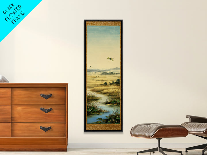 Dragonfly over a Pond with Reeds Framed Canvas Print, Nature Art, Botanical Art, Living Room Decor, Oil Painting, Nature, NAT-1x3-54