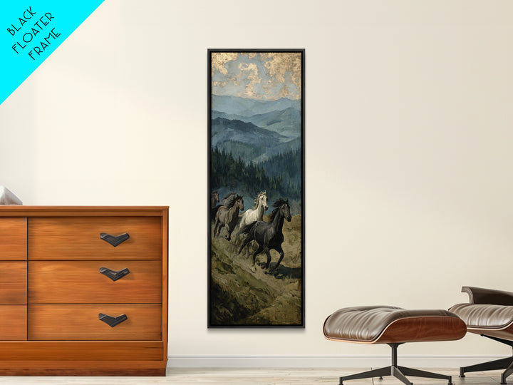 Wild Horses Running Near Mountain Ridge Framed Canvas Print, Nature Art, Digital Download Art, Living Room Decor, NAT-1x3-58