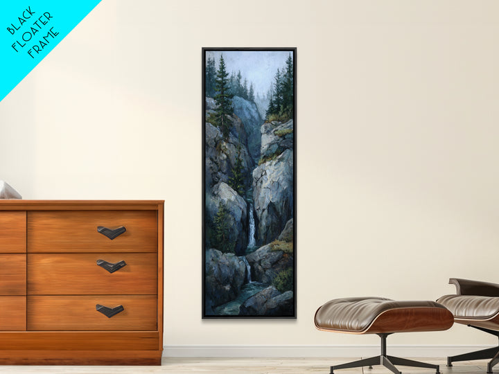 Waterfall Hidden Among Dark Green Rocks Framed Canvas Print, Nature Art, Botanical Art, Living Room Decor, Fine Art, Nature, NAT-1x3-87
