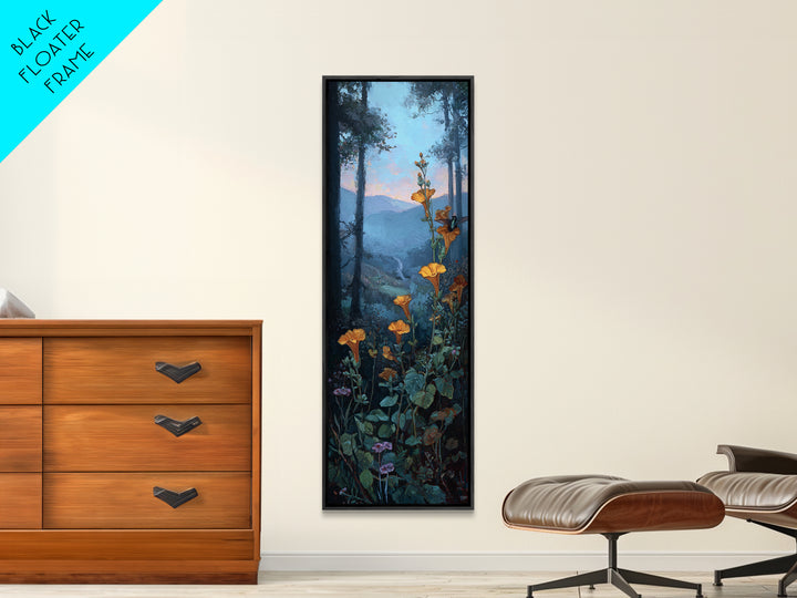 Hummingbird Beside Bright Trumpet Flowers Framed Canvas Print, Nature Art, Modern Wall Art, Living Room Decor, Fine Art, Nature, NAT-1x3-96