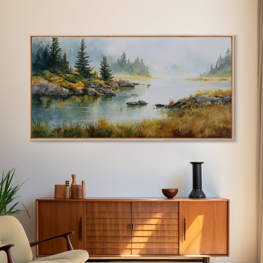 Misty Mountain Lake Framed Canvas Print, Nature Art, Home Decor, Living Room Decor, Oil Painting, Nature, Abstract Wall Art, NAT-2x1-1