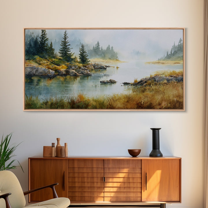 Misty Mountain Lake Framed Canvas Print, Nature Art, Home Decor, Living Room Decor, Oil Painting, Nature, Abstract Wall Art, NAT-2x1-1