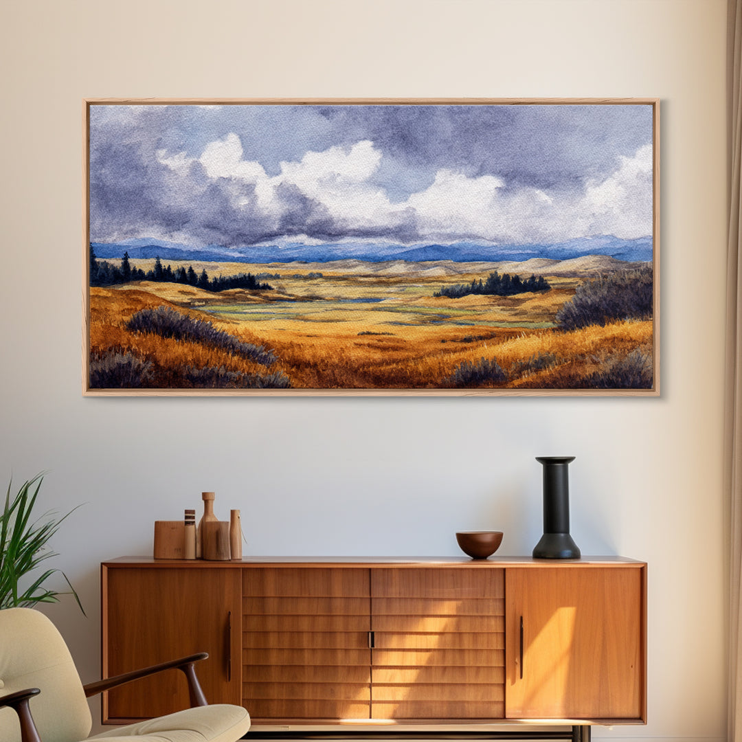 Storm Clouds over a Rolling Prairie Framed Canvas Print, Nature Art, Art Print, Living Room Decor, Fine Art, Nature, NAT-2x1-10