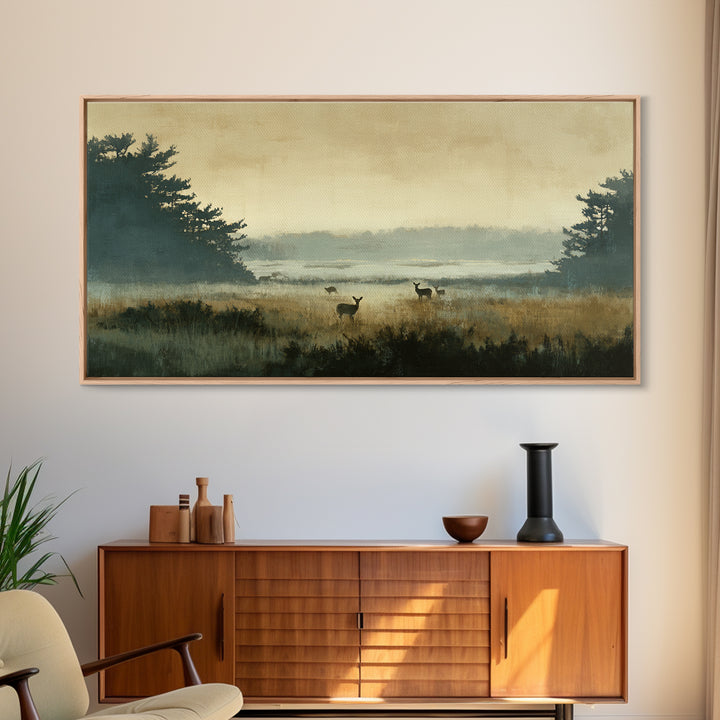 Deer Standing in a Golden Field Framed Canvas Print, Nature Art, Mountain Wall Art, Living Room Decor, Fine Art, Nature, NAT-2x1-100