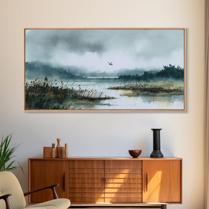 Dragonfly over a Pond with Reeds Framed Canvas Print, Nature Art, Fine Art Print, Living Room Decor, Watercolor Art, Nature, NAT-2x1-14