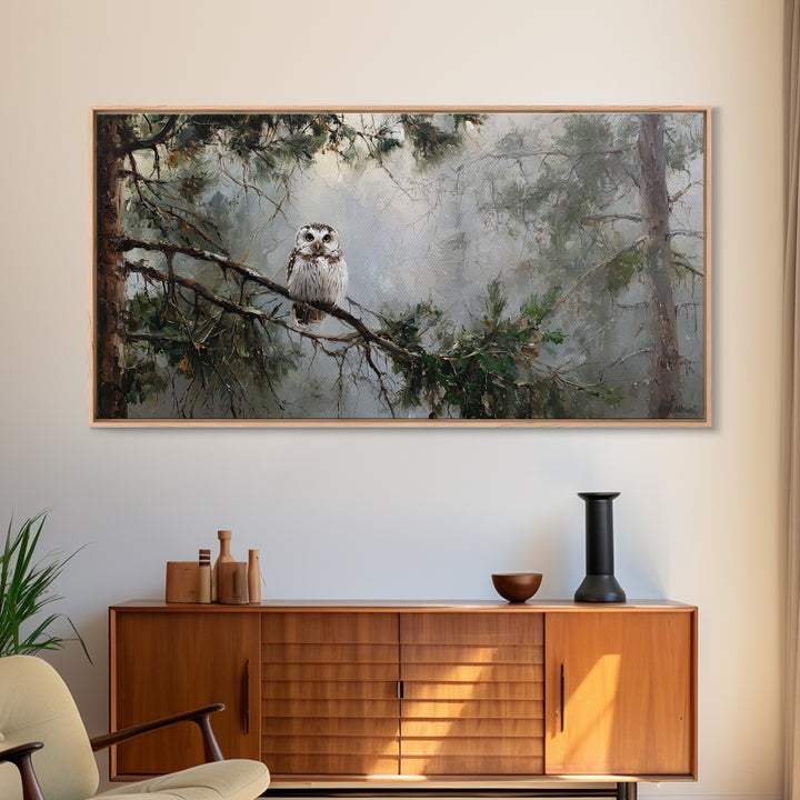 Owl in Moonlit Branches Framed Canvas Print, Nature Art, Minimalist Decor, Living Room Decor, Fine Art, Nature, Artwork, NAT-2x1-15