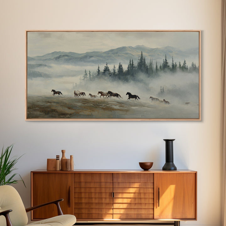 Wild Horses Running Near Mountain Ridge Framed Canvas Print, Nature Art, Statement Artwork, Living Room Decor, Fine Art, Nature, NAT-2x1-18