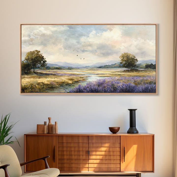 Bees Circling Lavender Blossoms Framed Canvas Print, Nature Art, Ocean Art, Living Room Decor, Fine Art, Nature, Art Print, NAT-2x1-19