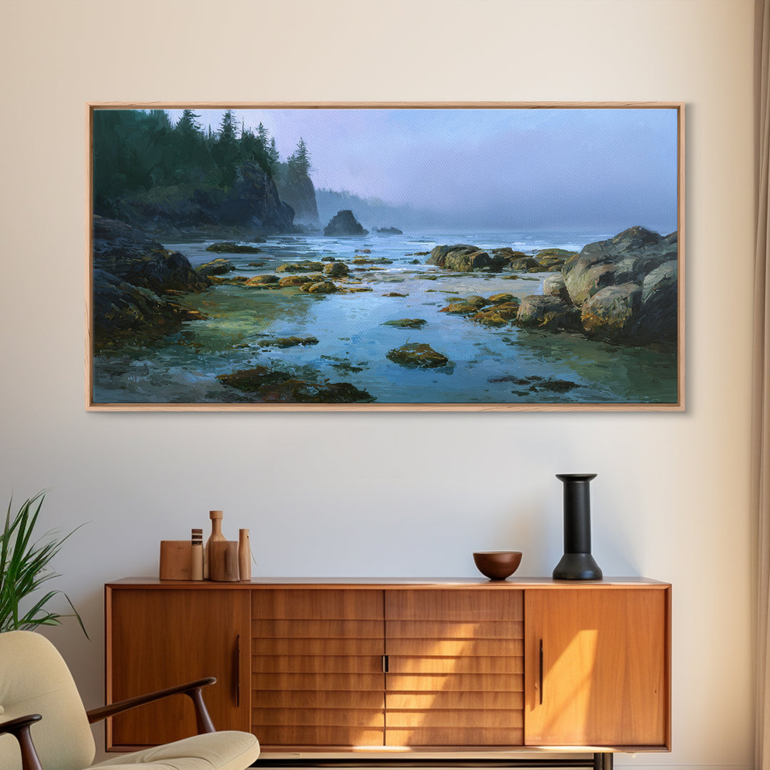 Calm Beach Tide Pooling Around Rocks Framed Canvas Print, Nature Art, Statement Artwork, Living Room Decor, Fine Art, Nature, NAT-2x1-20