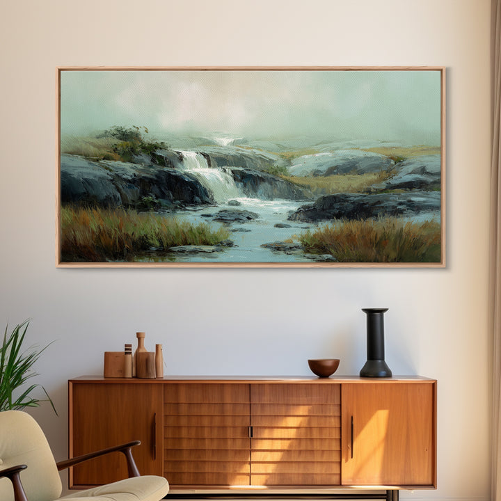Waterfall Hidden Among Dark Green Rocks Framed Canvas Print, Nature Art, Mushroom, Living Room Decor, Watercolor Art, Nature, NAT-2x1-23