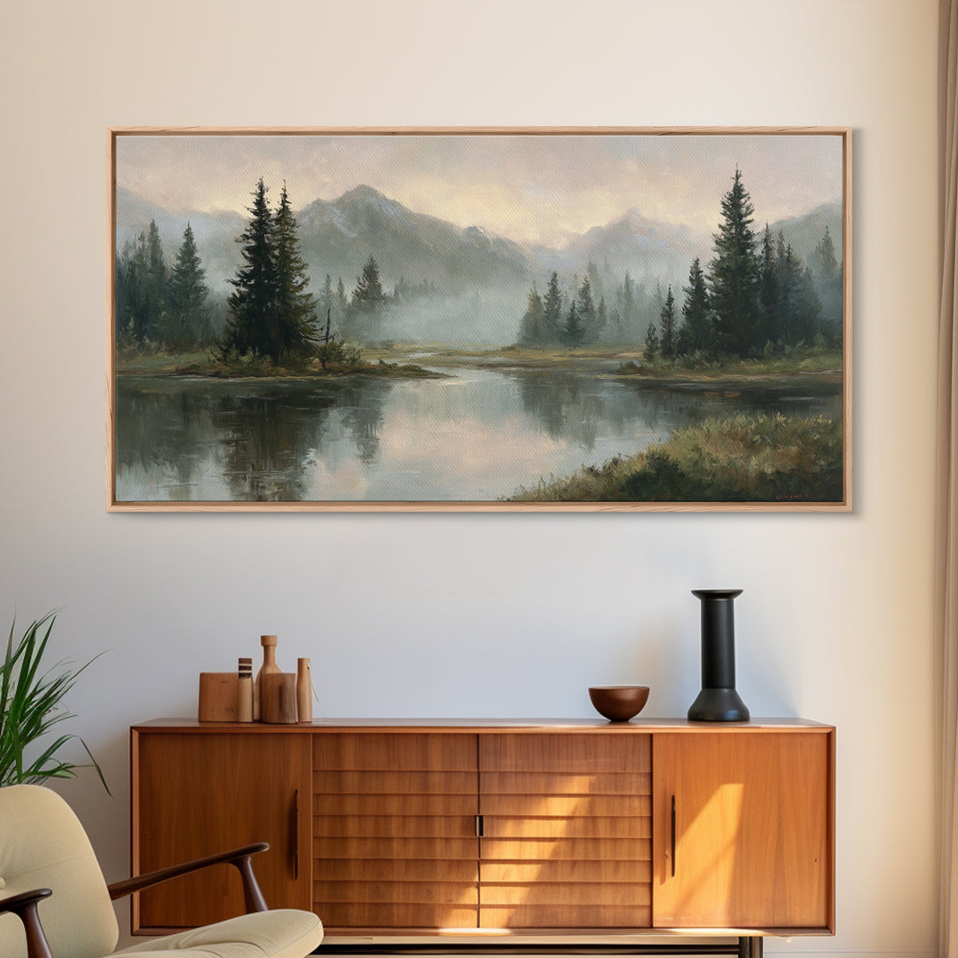 Misty Mountain Lake Framed Canvas Print, Nature Art, Home Decor, Living Room Decor, Oil Painting, Nature, Abstract Wall Art, NAT-2x1-25