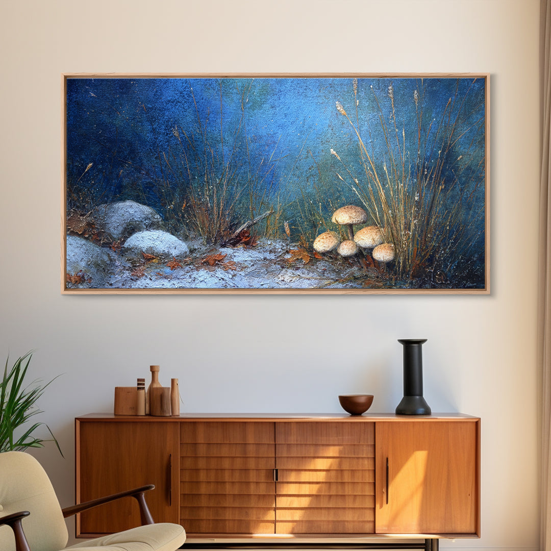 Mushroom Cluster in Enchanted Woodland Framed Canvas Print, Nature Art, Fine Art Print, Living Room Decor, Oil Painting, Nature, NAT-2x1-27
