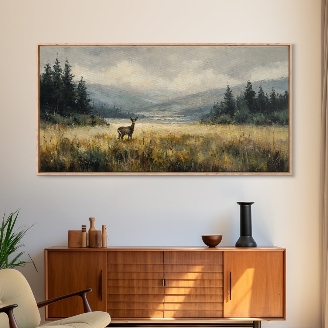 Deer Standing in a Golden Field Framed Canvas Print, Nature Art, Minimalist Decor, Living Room Decor, Fine Art, Nature, NAT-2x1-28
