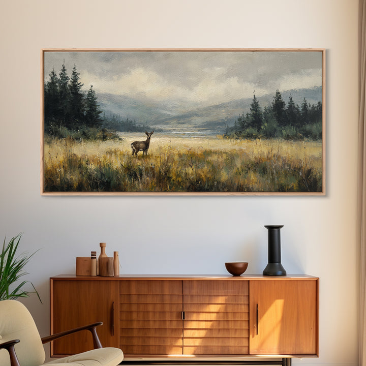 Deer Standing in a Golden Field Framed Canvas Print, Nature Art, Minimalist Decor, Living Room Decor, Fine Art, Nature, NAT-2x1-28