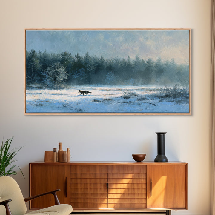Fox Crossing a Snowy Forest Clearing Framed Canvas Print, Nature Art, Luxury Decor, Living Room Decor, Oil Painting, Nature, NAT-2x1-30