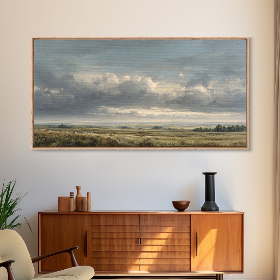 Storm Clouds over a Rolling Prairie Framed Canvas Print, Nature Art, Art Print, Living Room Decor, Fine Art, Nature, NAT-2x1-34