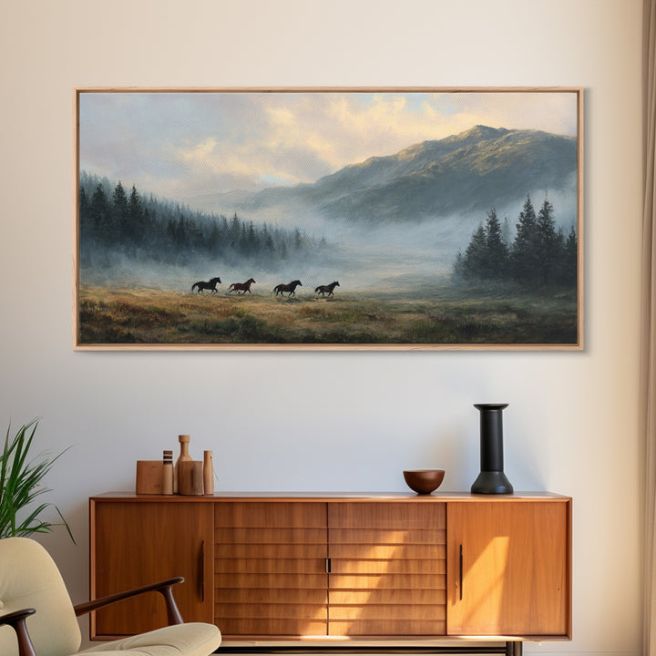 Wild Horses Running Near Mountain Ridge Framed Canvas Print, Nature Art, Statement Artwork, Living Room Decor, Fine Art, Nature, NAT-2x1-42