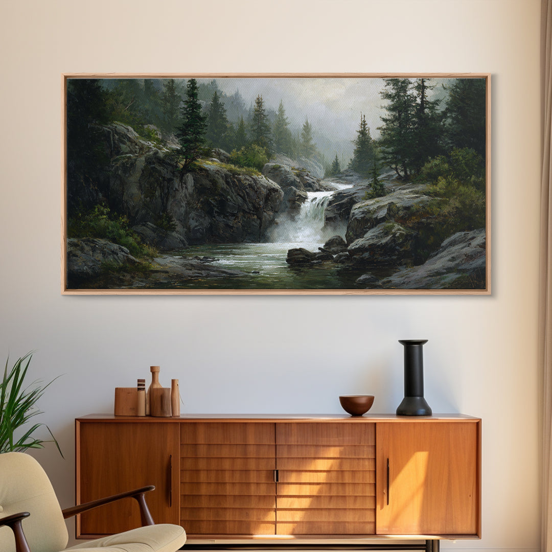 Waterfall Hidden Among Dark Green Rocks Canvas Print, Nature Art, Framed Art, Living Room Decor, Oil Painting, Nature, NAT-2x1-47