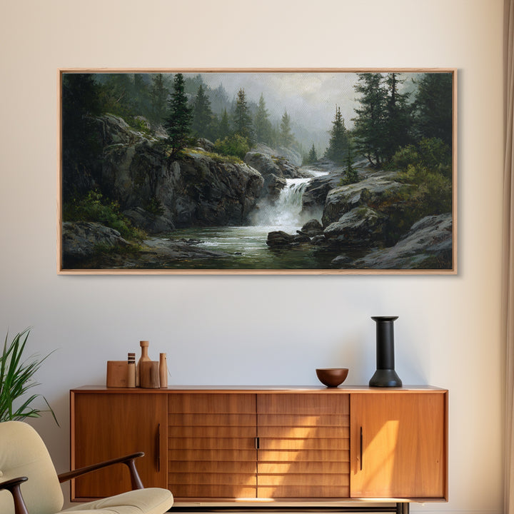 Waterfall Hidden Among Dark Green Rocks Canvas Print, Nature Art, Framed Art, Living Room Decor, Oil Painting, Nature, NAT-2x1-47