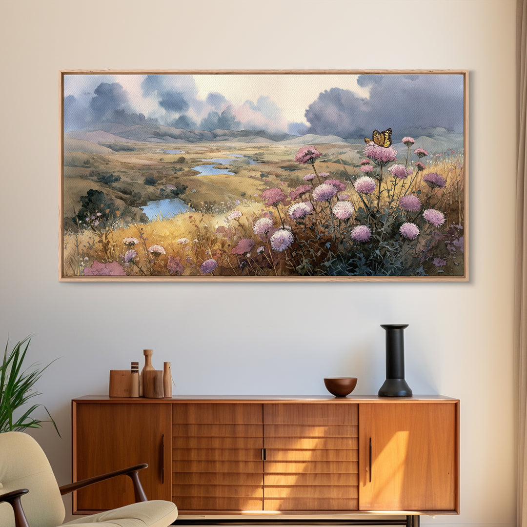 Butterfly Resting on a Blooming Thistle Canvas Print, Nature Art, Art, Living Room Decor, Fine Art, Nature, 3d Wall Art, NAT-2x1-48