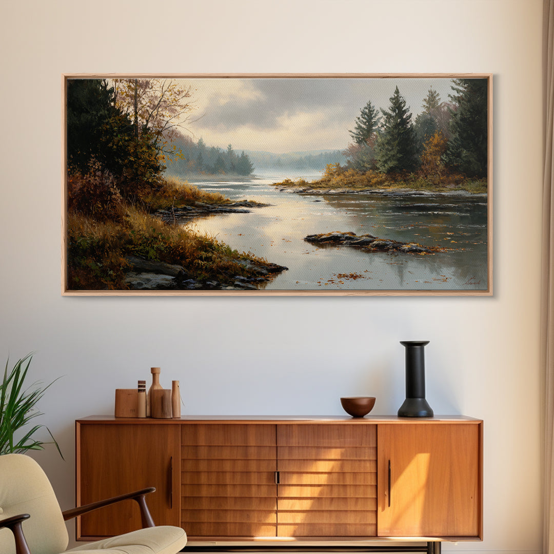 Autumn Leaves Floating on Quiet Stream Framed Canvas Print, Nature Art, Minimalist Decor, Living Room Decor, Fine Art, Nature, NAT-2x1-50