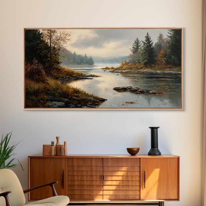 Autumn Leaves Floating on Quiet Stream Framed Canvas Print, Nature Art, Minimalist Decor, Living Room Decor, Fine Art, Nature, NAT-2x1-50