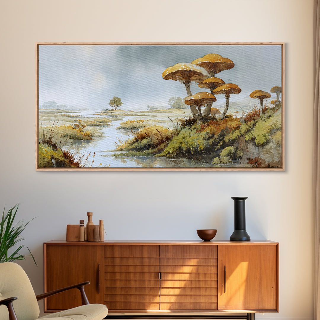 Mushroom Cluster in Enchanted Woodland Framed Canvas Print, Nature Art, Wood Wall Art, Living Room Decor, Watercolor Art, NAT-2x1-51