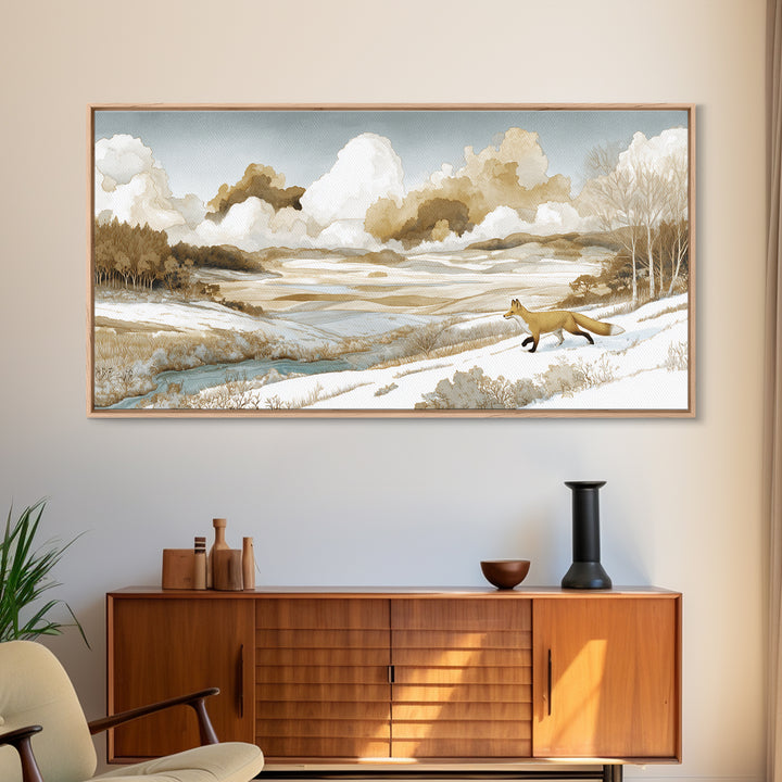 Fox Crossing a Snowy Forest Clearing Canvas Print, Nature Art, Contemporary Art, Living Room Decor, Fine Art, Nature, NAT-2x1-54