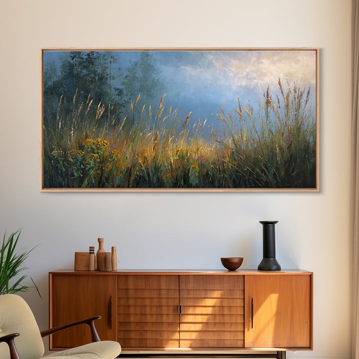Sunrise Through Tall Grass and Wildflowers Framed Canvas Print, Nature Art, Living Room Decor, Fine Art, Nature, Ocean Art, NAT-2x1-55