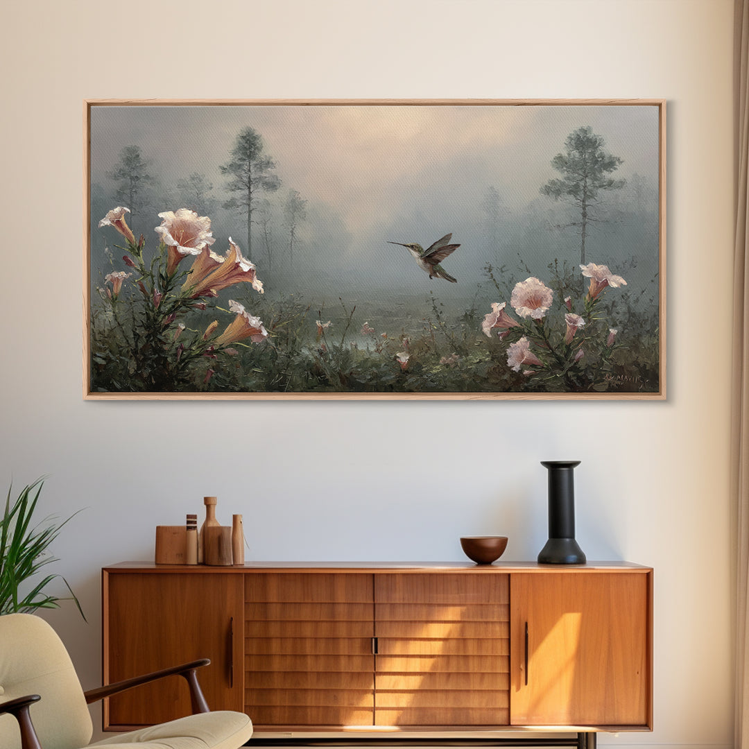 Hummingbird Beside Bright Trumpet Flowers Framed Canvas Print, Nature Art, Painting, Living Room Decor, Fine Art, Nature, NAT-2x1-56
