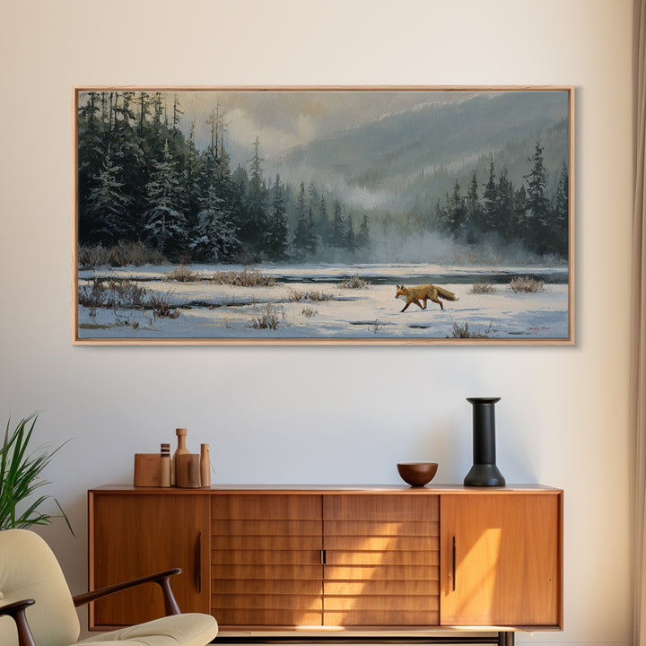 Fox Crossing a Snowy Forest Clearing Framed Canvas Print, Nature Art, Luxury Decor, Living Room Decor, Oil Painting, Nature, NAT-2x1-6