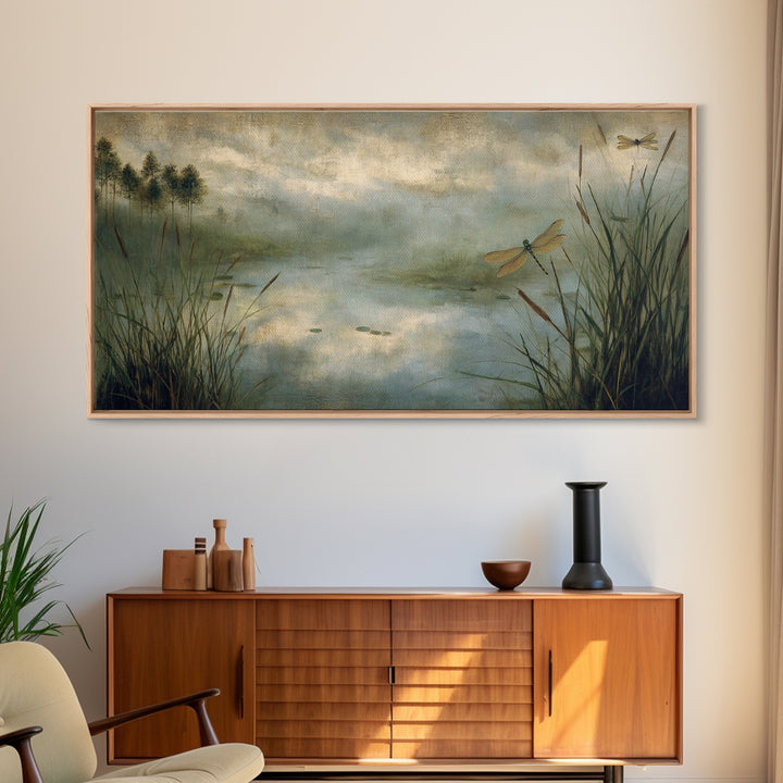 Dragonfly over a Pond with Reeds Canvas Print, Nature Art, Room Decor, Living Room Decor, Oil Painting, Nature, Wall Hangings, NAT-2x1-62