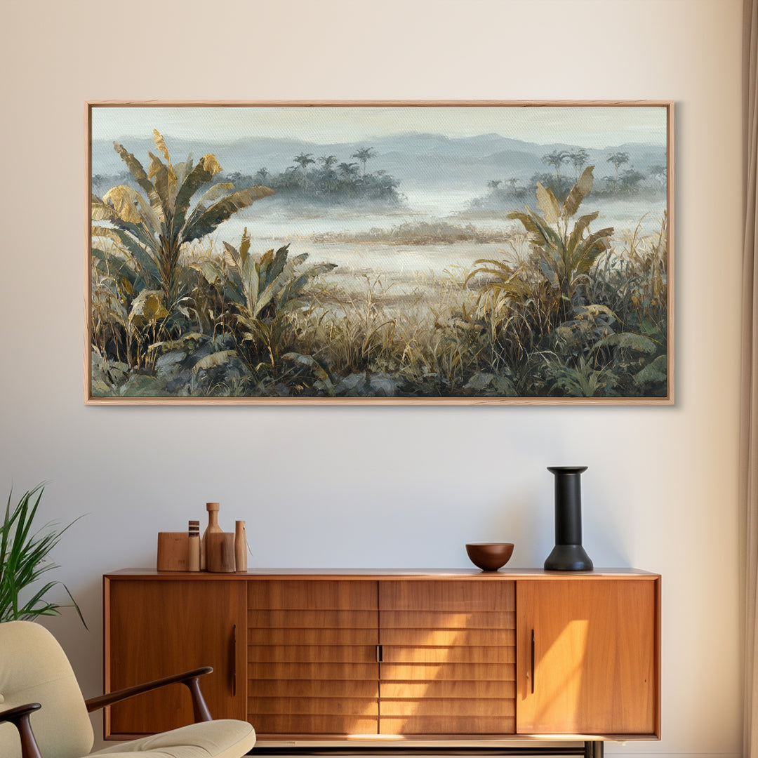 Tropical Jungle Leaves Framed Canvas Print, Nature Art, Painting, Living Room Decor, Abstract Art, Nature, Modern Wall Art, NAT-2x1-65
