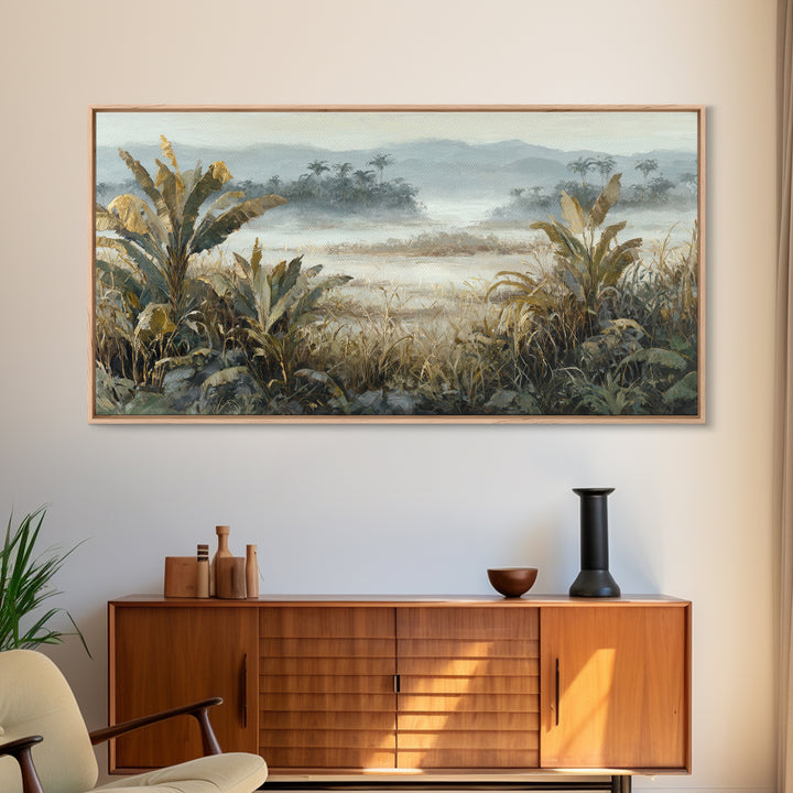 Tropical Jungle Leaves Framed Canvas Print, Nature Art, Painting, Living Room Decor, Abstract Art, Nature, Modern Wall Art, NAT-2x1-65