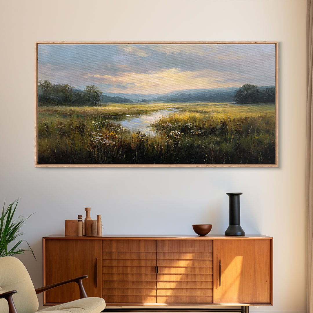 Sunrise Through Tall Grass and Wildflowers Framed Canvas Print, Nature Art, Poster, Living Room Decor, Watercolor Art, Nature, NAT-2x1-7